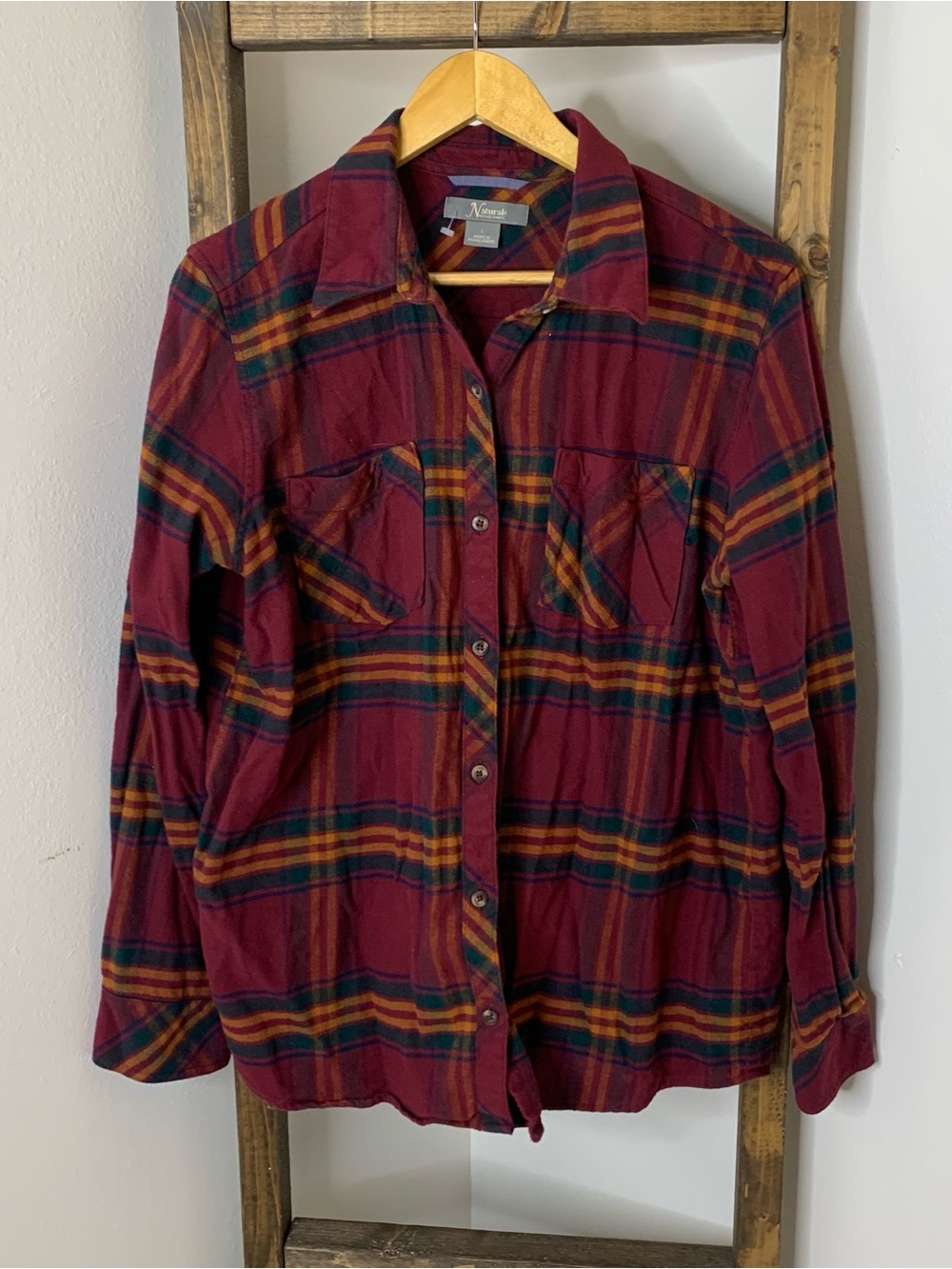 Natural Reflections Maroon Plaid Button-Up Shirt Stripes Size L
